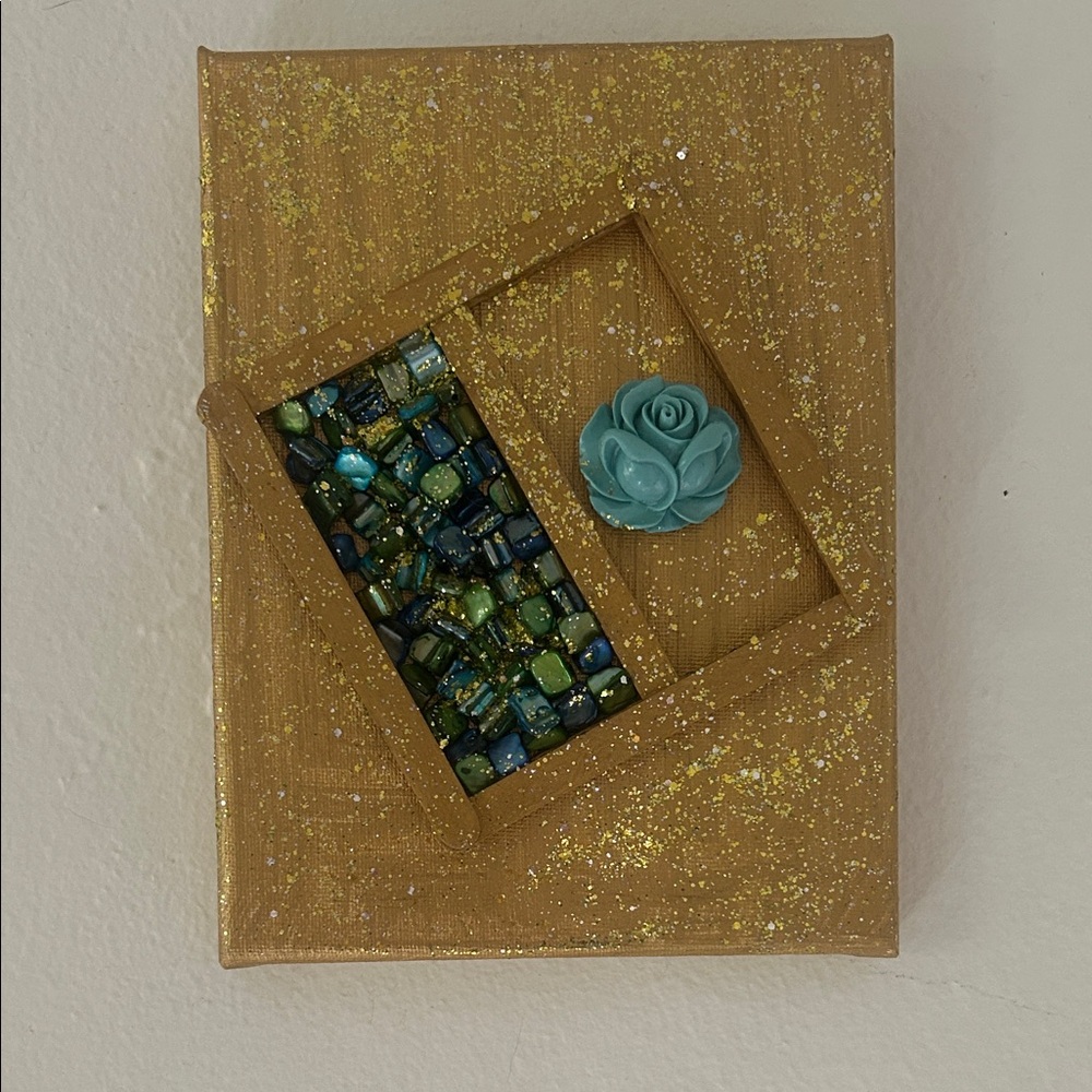 Gold Mosaic Wall Art with Teal Flower Accent